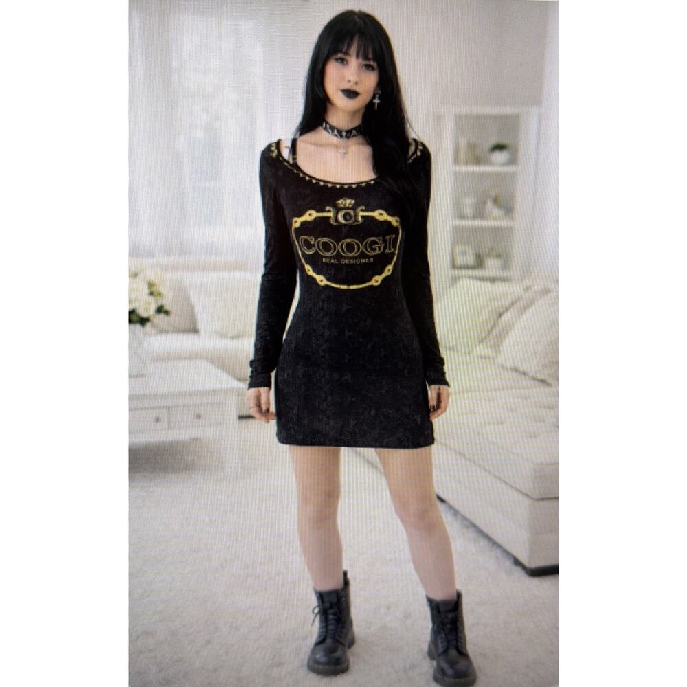 Coogi Women's Dress medium Black Snake Skin Print Gold Chain Cold Shoulder
